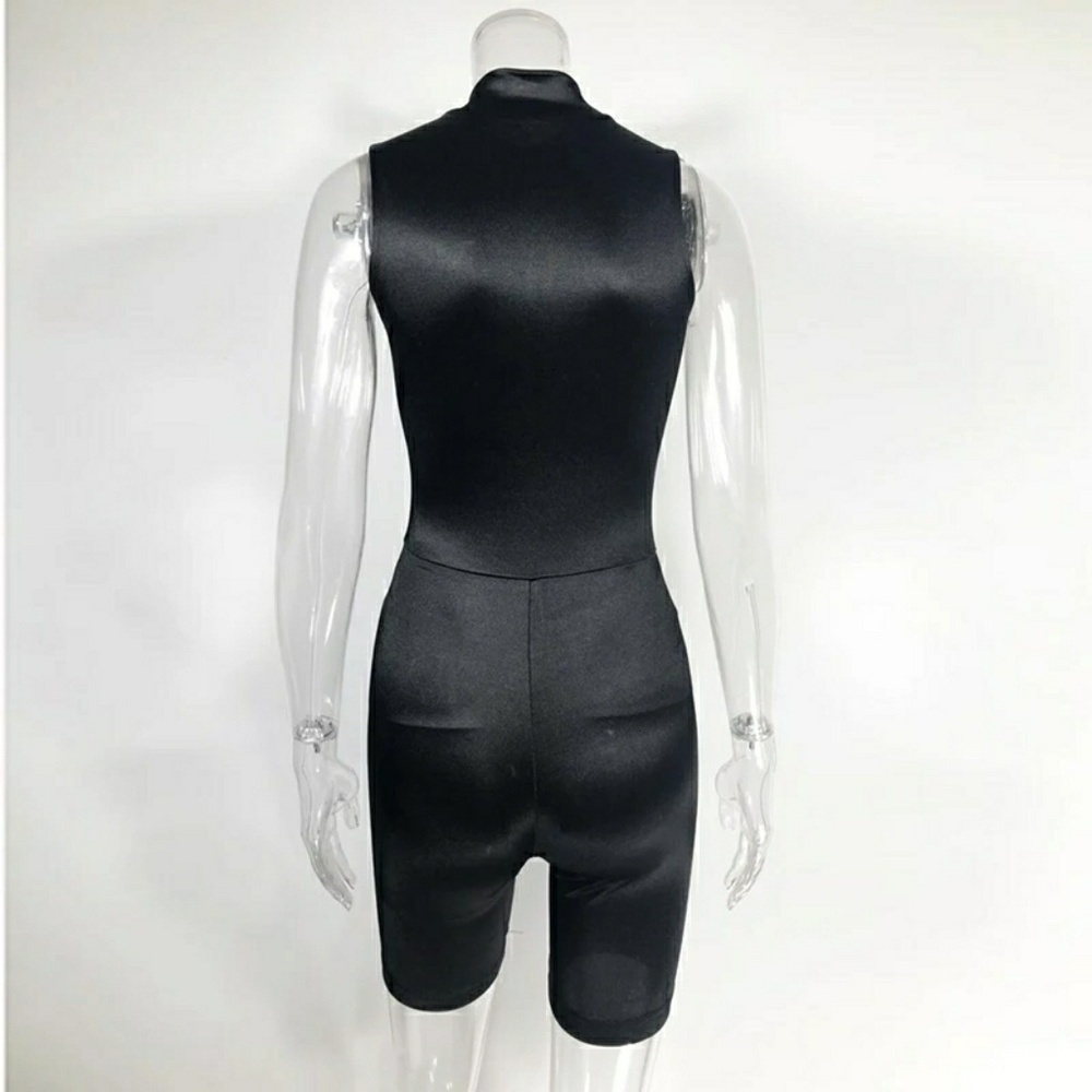 Satin Black Romper w/ Zipper - Picture 2 of 4